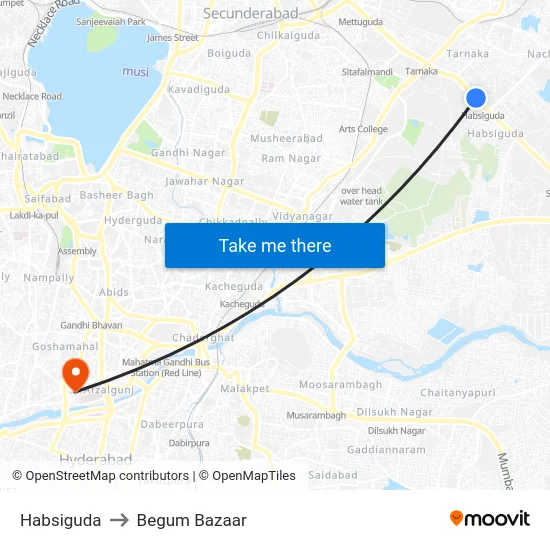 Habsiguda to Begum Bazaar map