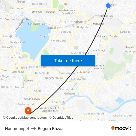 Hanumanpet to Begum Bazaar map