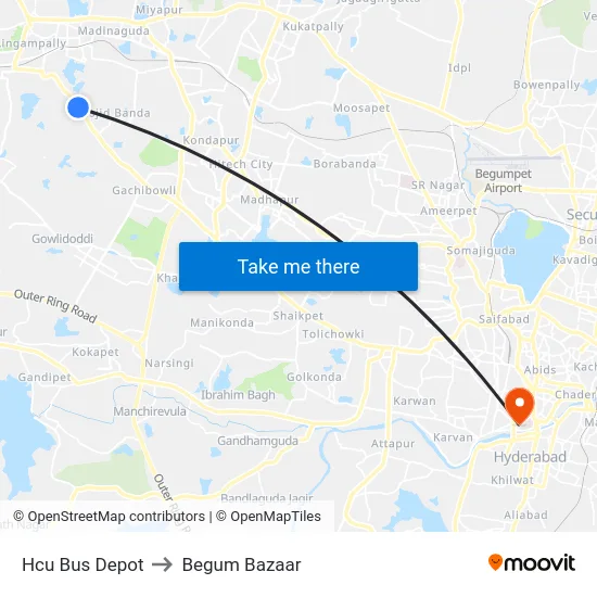 Hcu Bus Depot to Begum Bazaar map