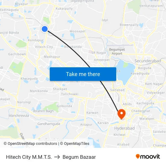 Hitech City M.M.T.S. to Begum Bazaar map