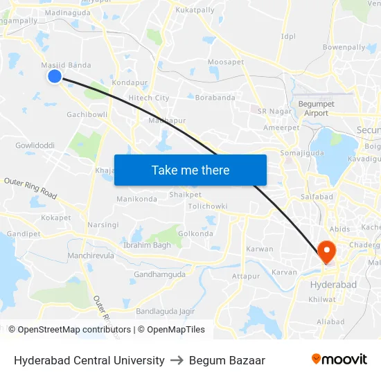 Hyderabad Central University to Begum Bazaar map