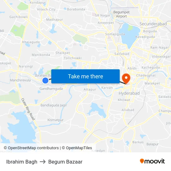 Ibrahim Bagh to Begum Bazaar map