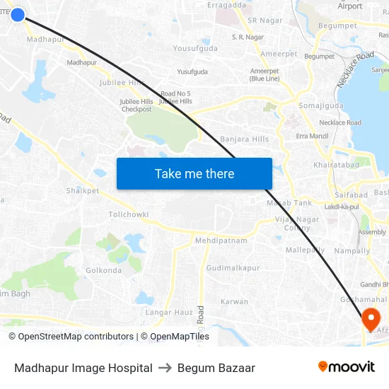 Madhapur Image Hospital to Begum Bazaar map