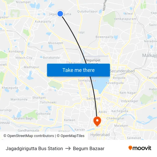 Jagadgirigutta Bus Station to Begum Bazaar map