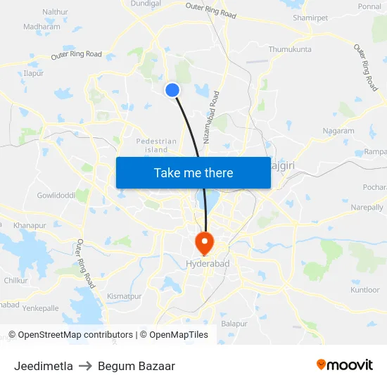Jeedimetla to Begum Bazaar map
