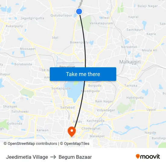 Jeedimetla Village to Begum Bazaar map