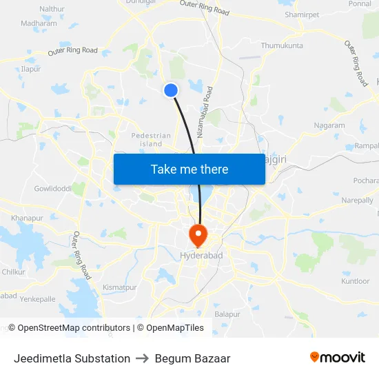 Jeedimetla Substation to Begum Bazaar map