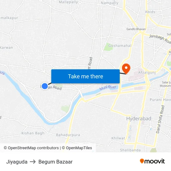 Jiyaguda to Begum Bazaar map