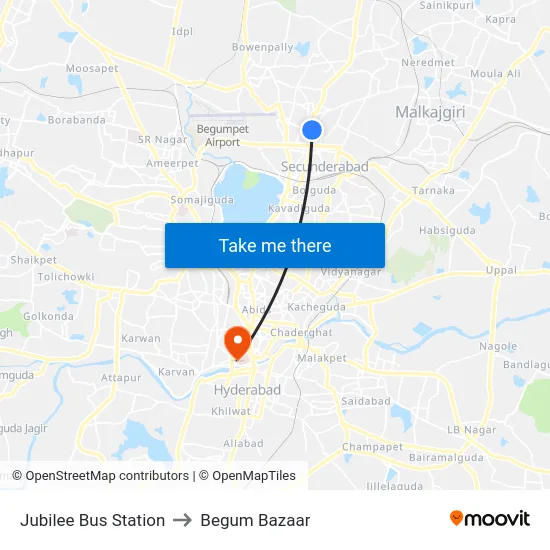 Jubilee Bus Station to Begum Bazaar map