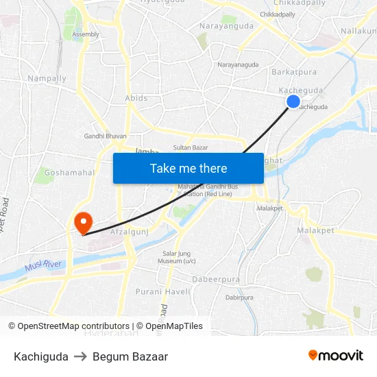 Kachiguda to Begum Bazaar map