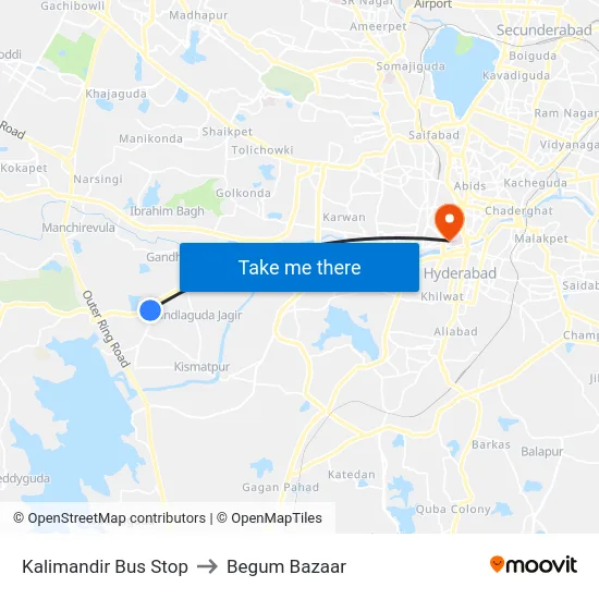 Kalimandir Bus Stop to Begum Bazaar map
