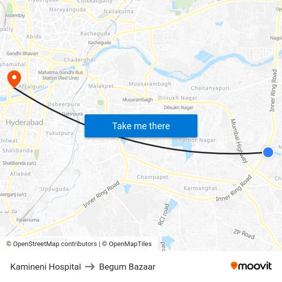 Kamineni Hospital to Begum Bazaar map