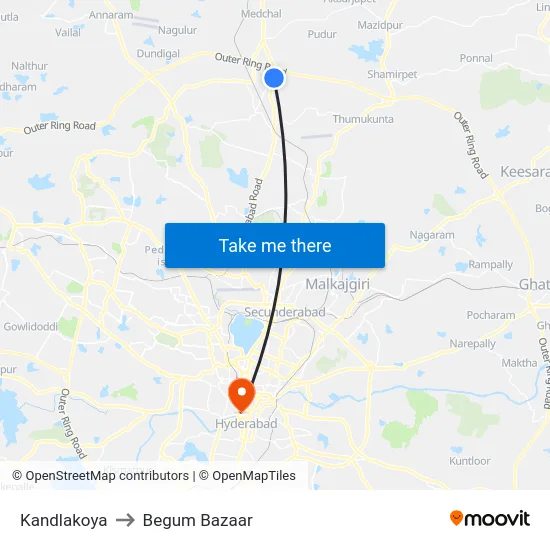 Kandlakoya to Begum Bazaar map