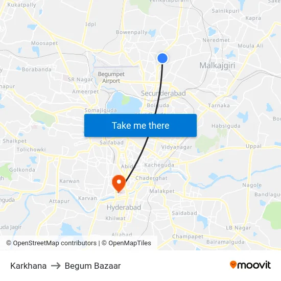 Karkhana to Begum Bazaar map