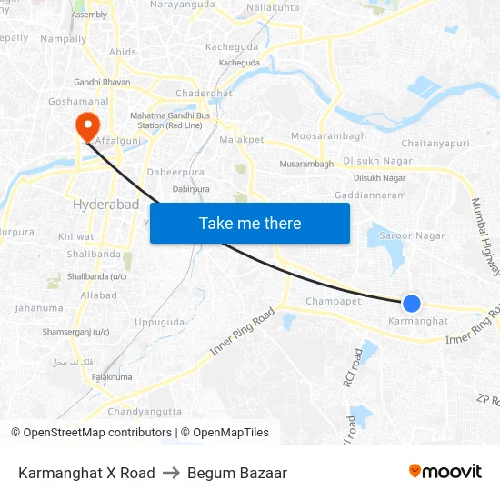 Karmanghat X Road to Begum Bazaar map