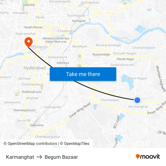 Karmanghat to Begum Bazaar map