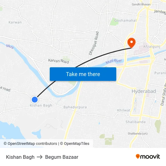 Kishan Bagh to Begum Bazaar map
