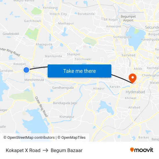 Kokapet X Road to Begum Bazaar map