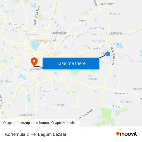 Korremula 2 to Begum Bazaar map