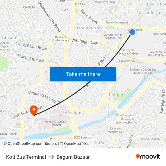 Koti Bus Terminal to Begum Bazaar map