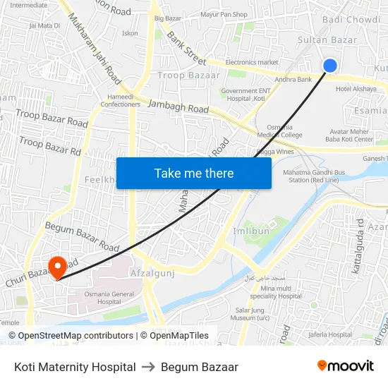 Koti Maternity Hospital to Begum Bazaar map