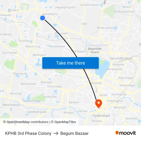 KPHB 3rd Phase Colony to Begum Bazaar map