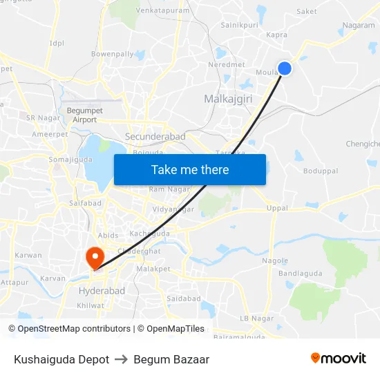 Kushaiguda Depot to Begum Bazaar map