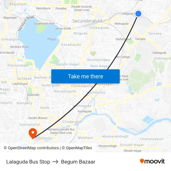 Lalaguda Bus Stop to Begum Bazaar map