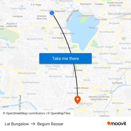 Lal Bungalow to Begum Bazaar map