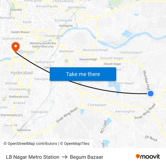 LB Nagar Metro Station to Begum Bazaar map