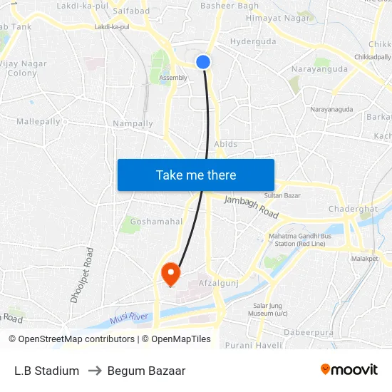 L.B Stadium to Begum Bazaar map