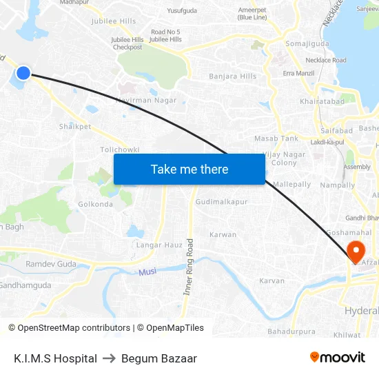 K.I.M.S Hospital to Begum Bazaar map