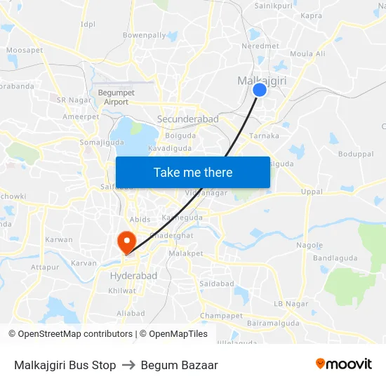 Malkajgiri Bus Stop to Begum Bazaar map