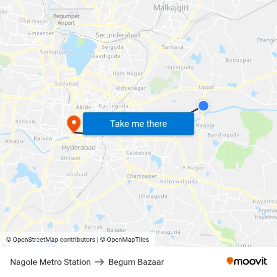 Nagole Metro Station to Begum Bazaar map