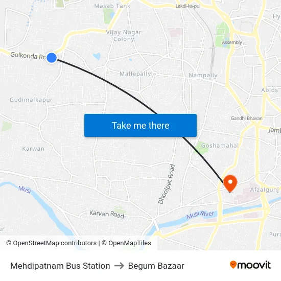 Mehdipatnam Bus Station to Begum Bazaar map