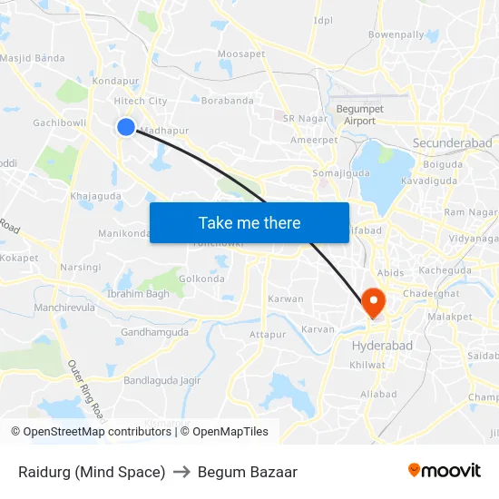 Raidurg (Mind Space) to Begum Bazaar map