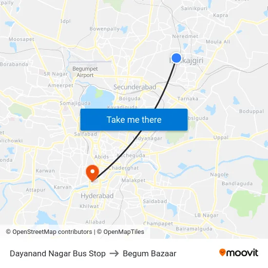 Dayanand Nagar Bus Stop to Begum Bazaar map