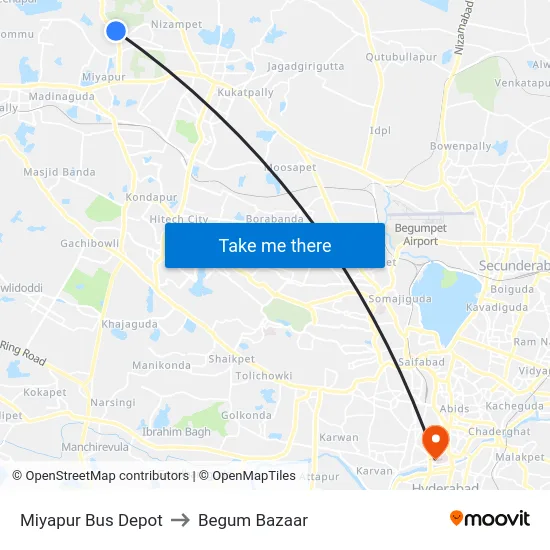 Miyapur Bus Depot to Begum Bazaar map