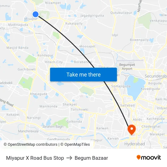 Miyapur X Road Bus Stop to Begum Bazaar map