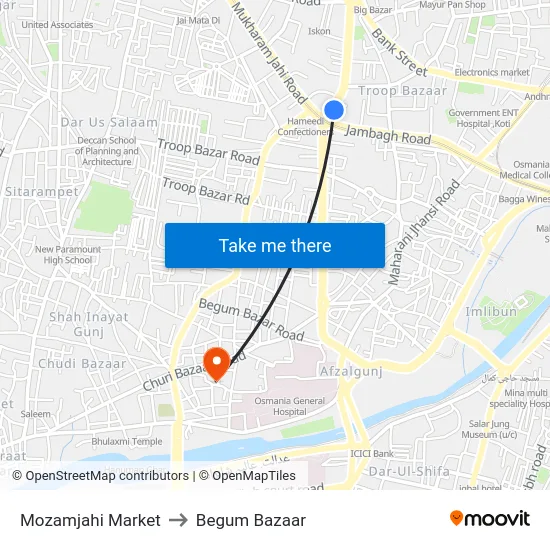 Mozamjahi Market to Begum Bazaar map