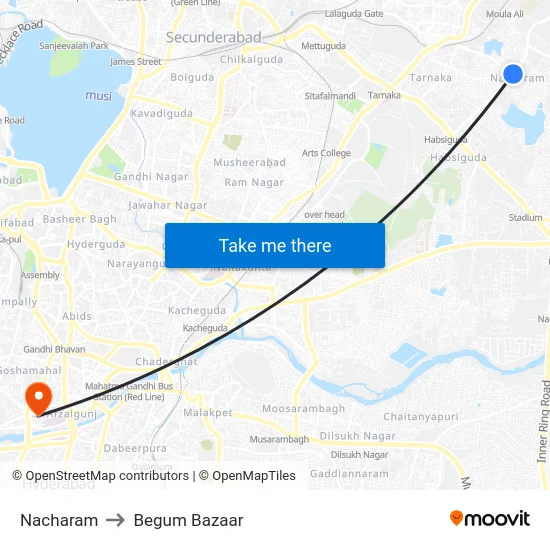 Nacharam to Begum Bazaar map