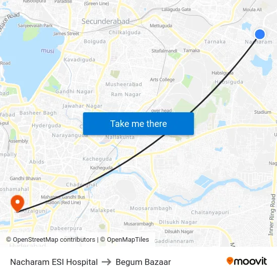 Nacharam ESI Hospital to Begum Bazaar map