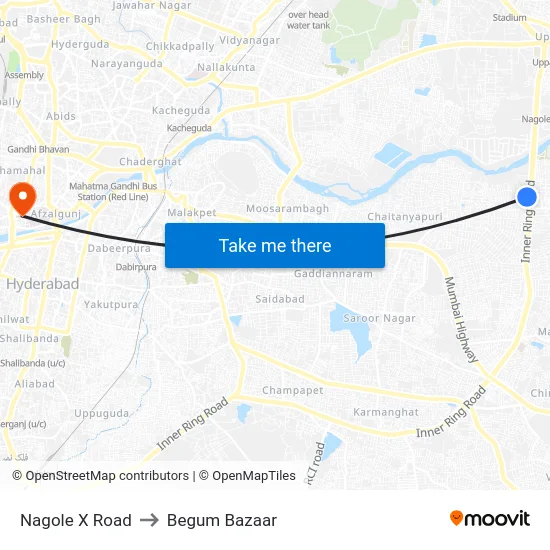 Nagole X Road to Begum Bazaar map