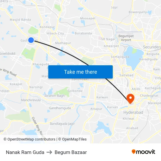 Nanak Ram Guda to Begum Bazaar map