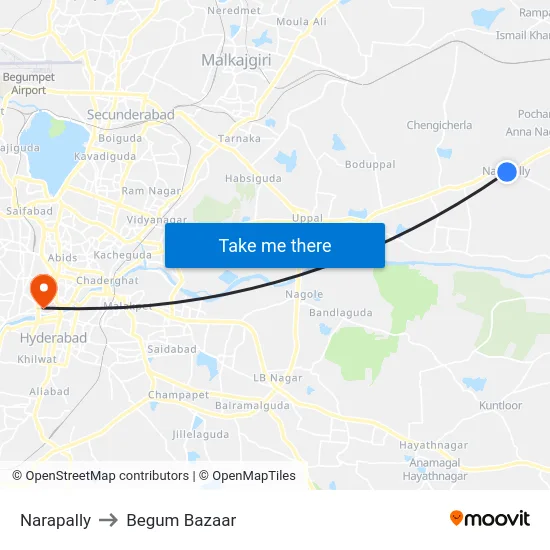 Narapally to Begum Bazaar map