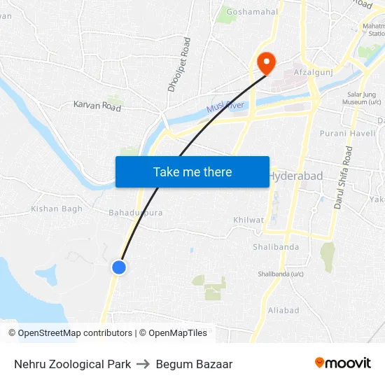 Nehru Zoological Park to Begum Bazaar map