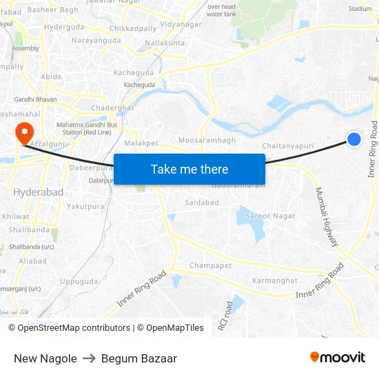 New Nagole to Begum Bazaar map
