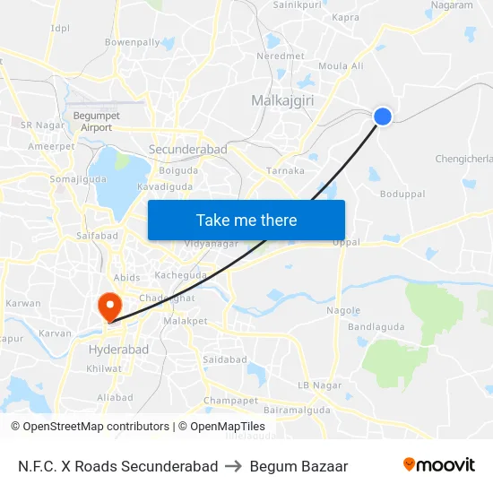 N.F.C. X Roads Secunderabad to Begum Bazaar map