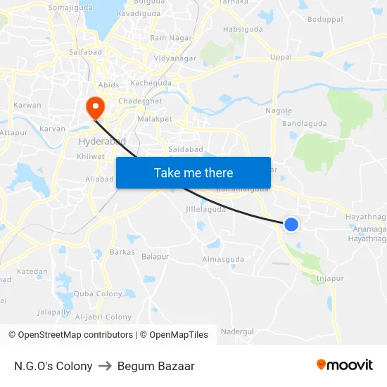 N.G.O's Colony to Begum Bazaar map