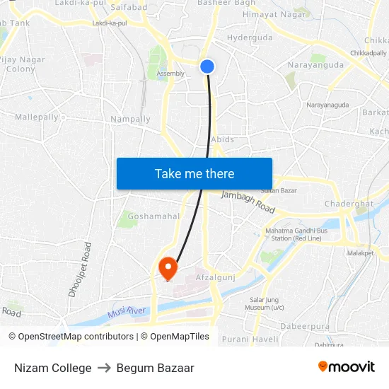 Nizam College to Begum Bazaar map
